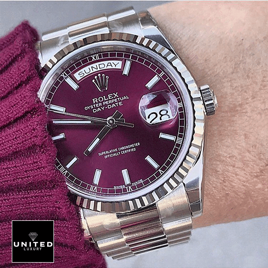 Rolex day-date purple stainless steel replica on the wrist