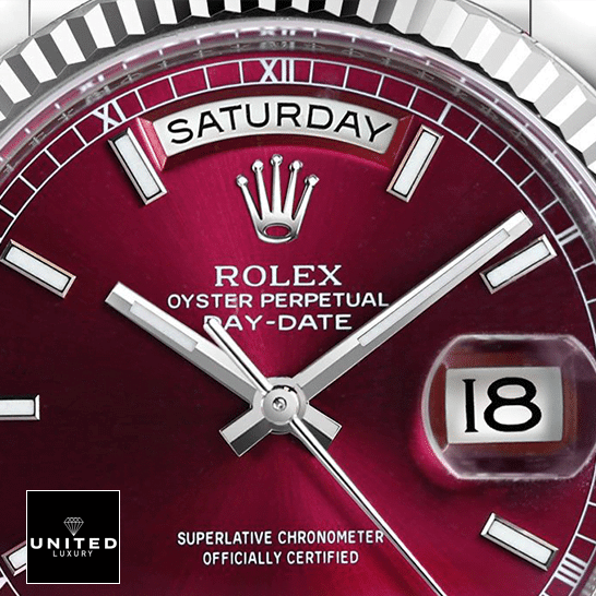 Rolex day-date 118239-0304 purple dial replica sapphire crystal close view