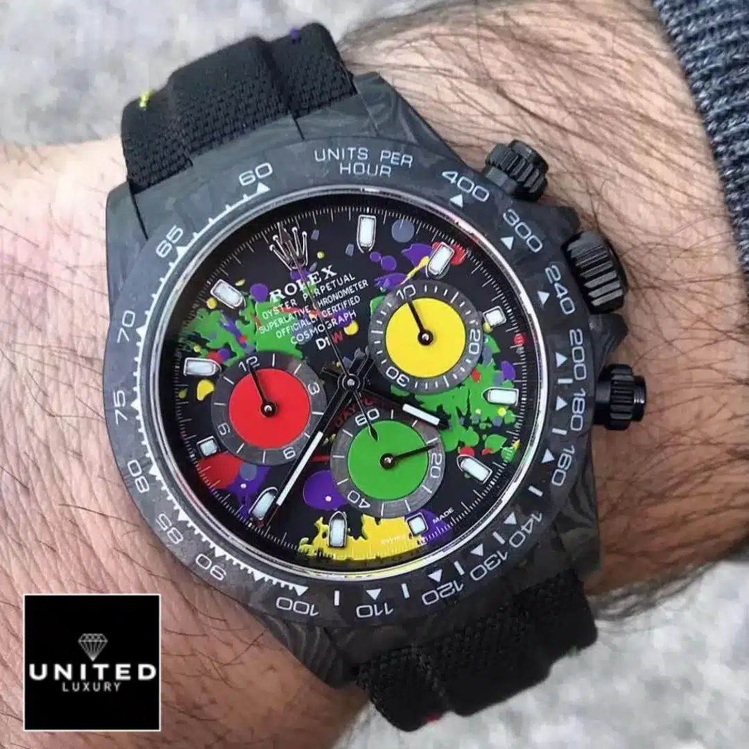 Rolex Daytona Carbon Rainbow Dial Black Button & Crown Pusher 4130cr Inspired on his arm