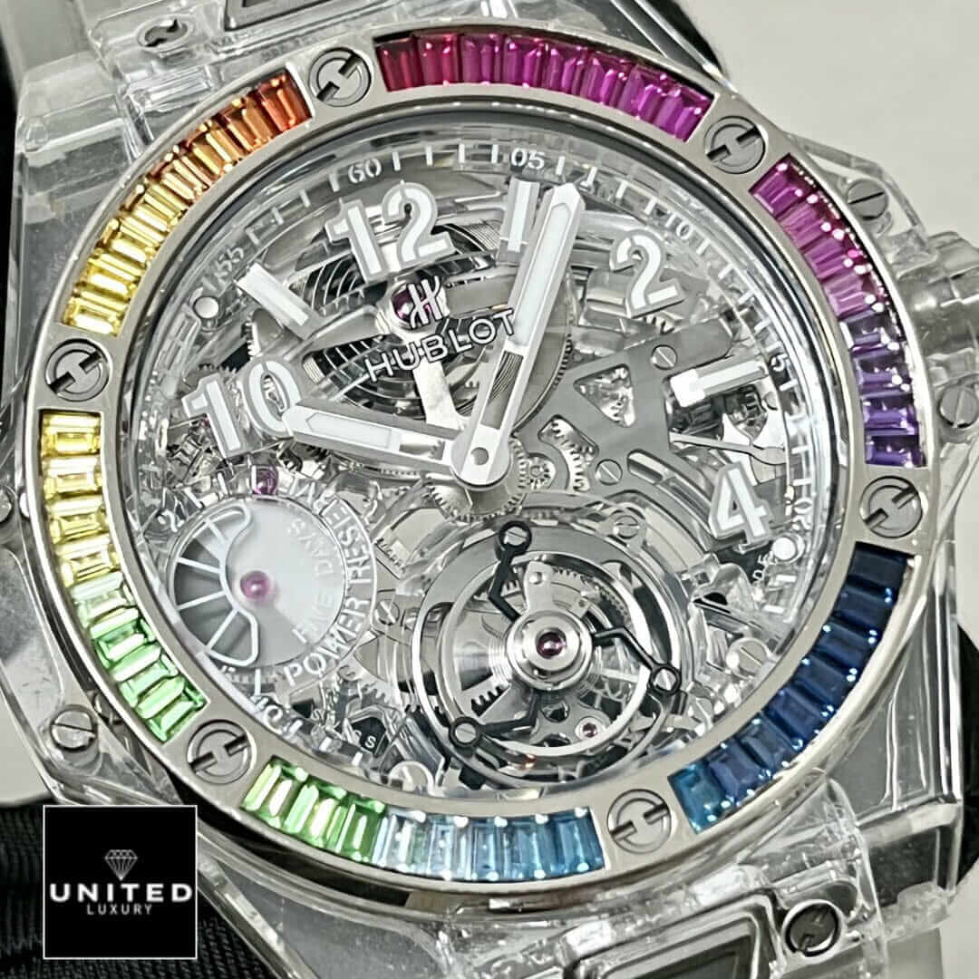 Hublot White Dial Big Bang Rainbow Bezel Inspired close analog view