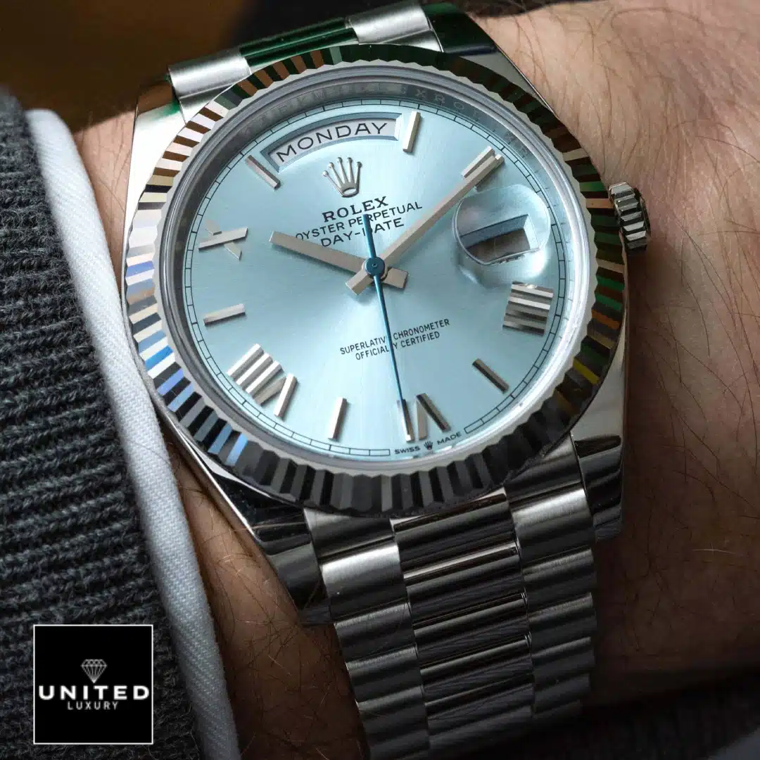 Rolex Day Date 228236 Ice Blue Grooved Inspired on is arm