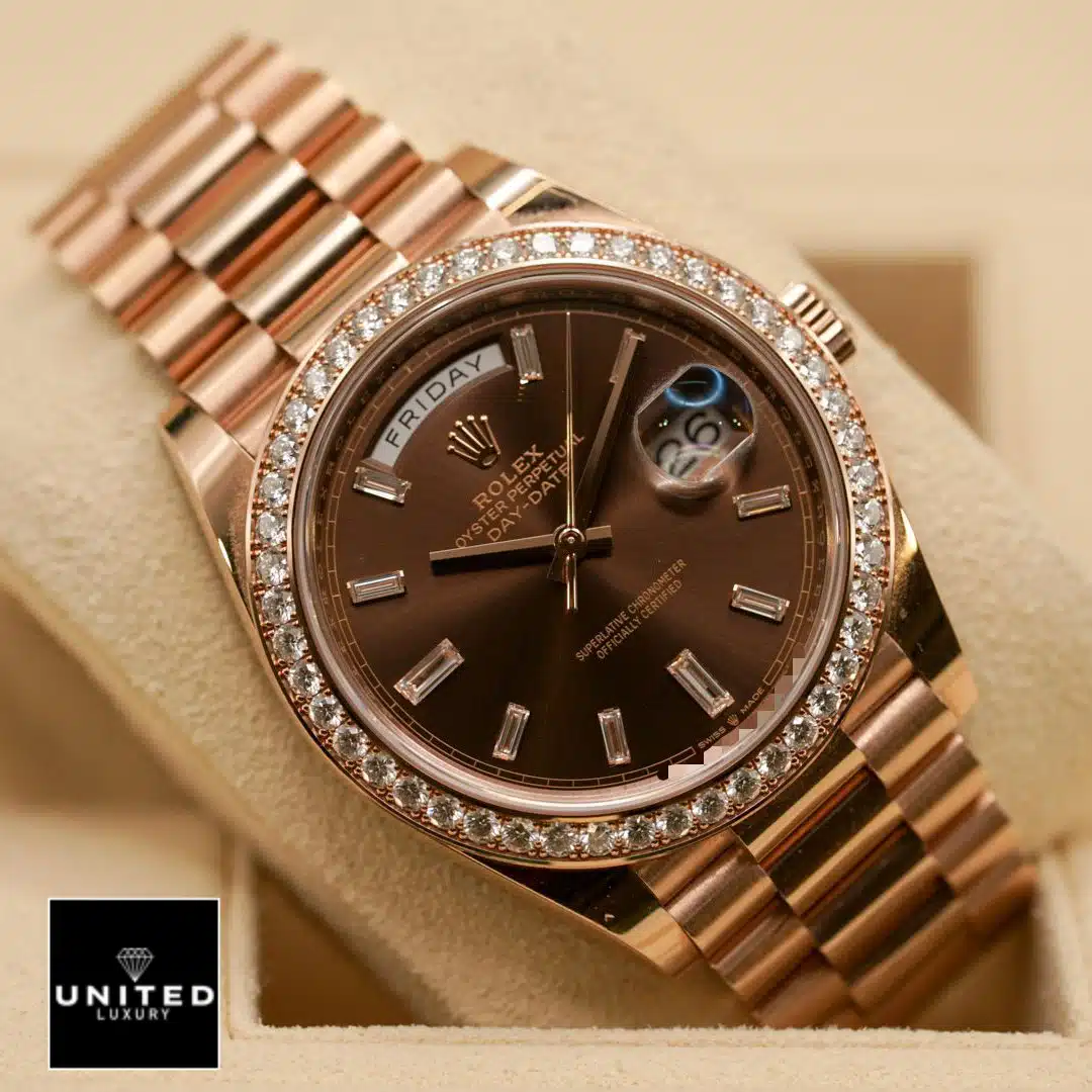 Rolex Day-Date 40 Chocolate Dial Diamond Bezel 228345RBR Inspired