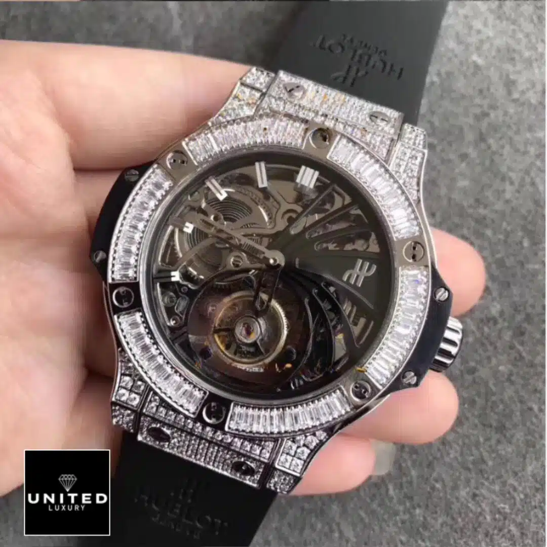 Hublot Skeleton Diamond Watch Inspired on the hand view grey background