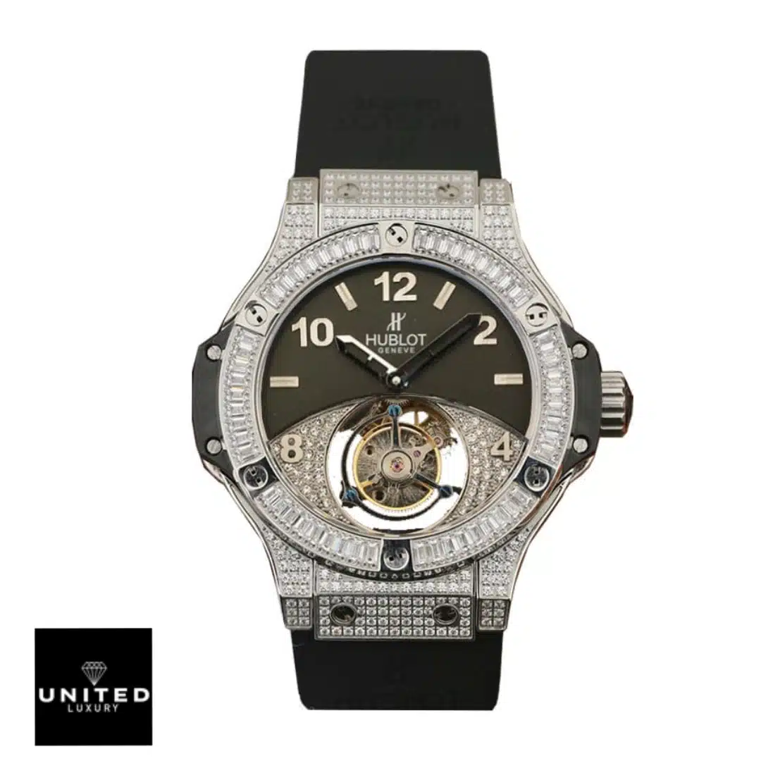 Hublot geneve tourbillion with diamonds black replica white backgorund