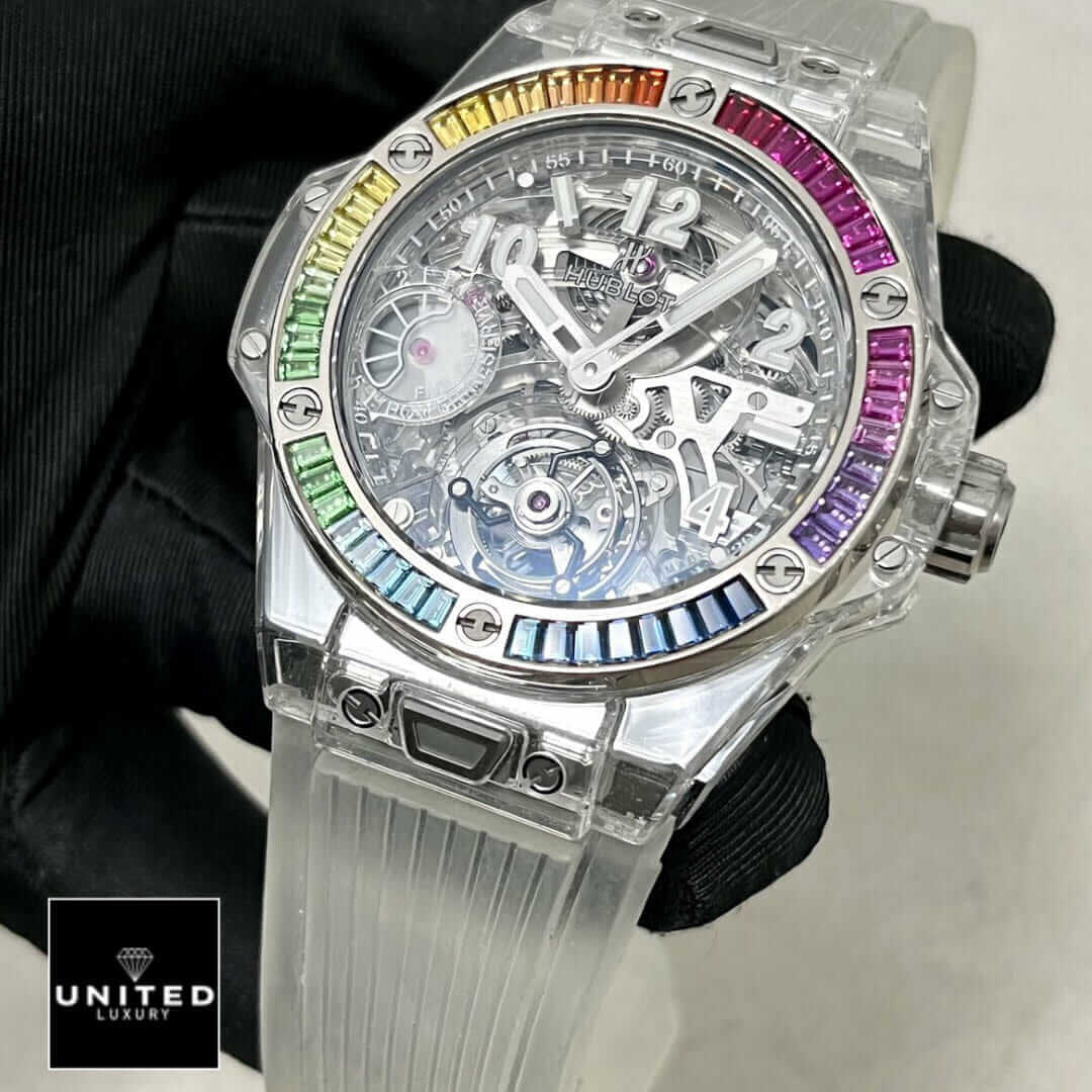 Hublot Big Bang Rainbow Bezel White Rubber Bracelet Inspired on the black glove hand