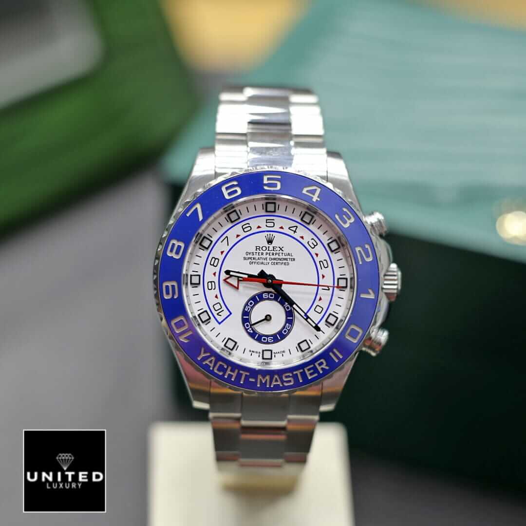 Rolex Yacht Master II Oyster Bracelet Inspired front view on the stand