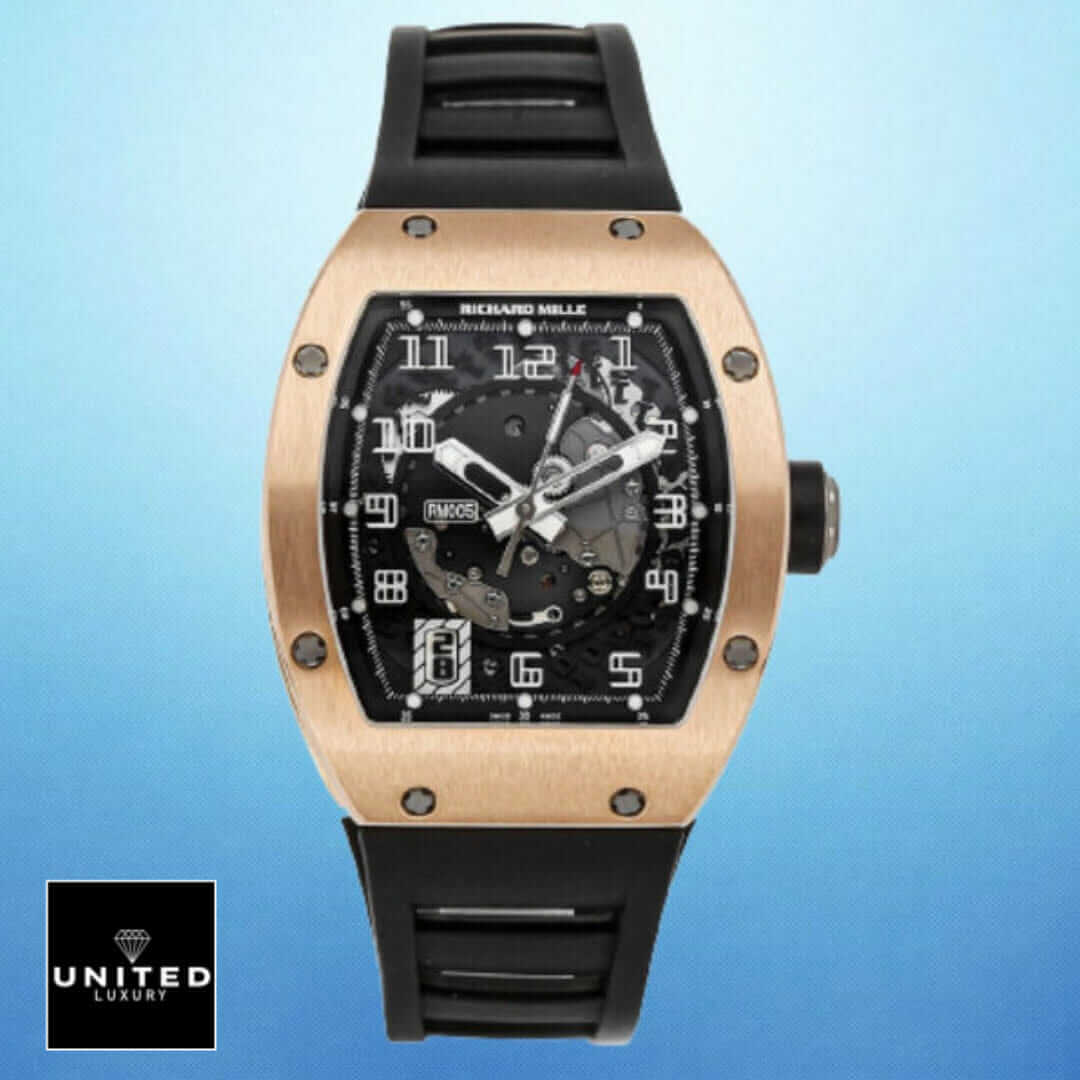 Richard Mille RM055 Bubba Watson Rose Gold Bezel Inspired blue background