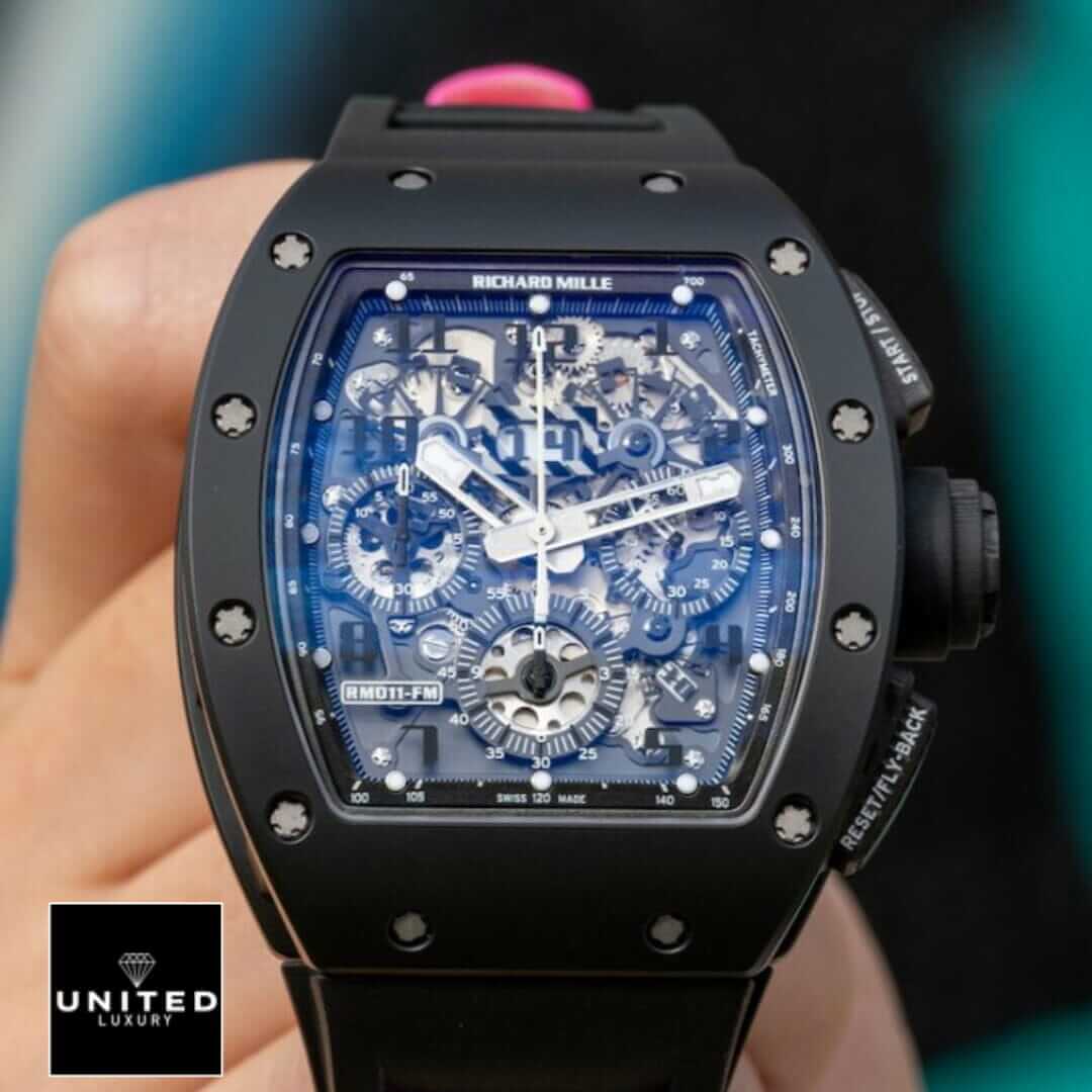 Richard Mille Black Bezel RM011-FM Inspired front view on the hand