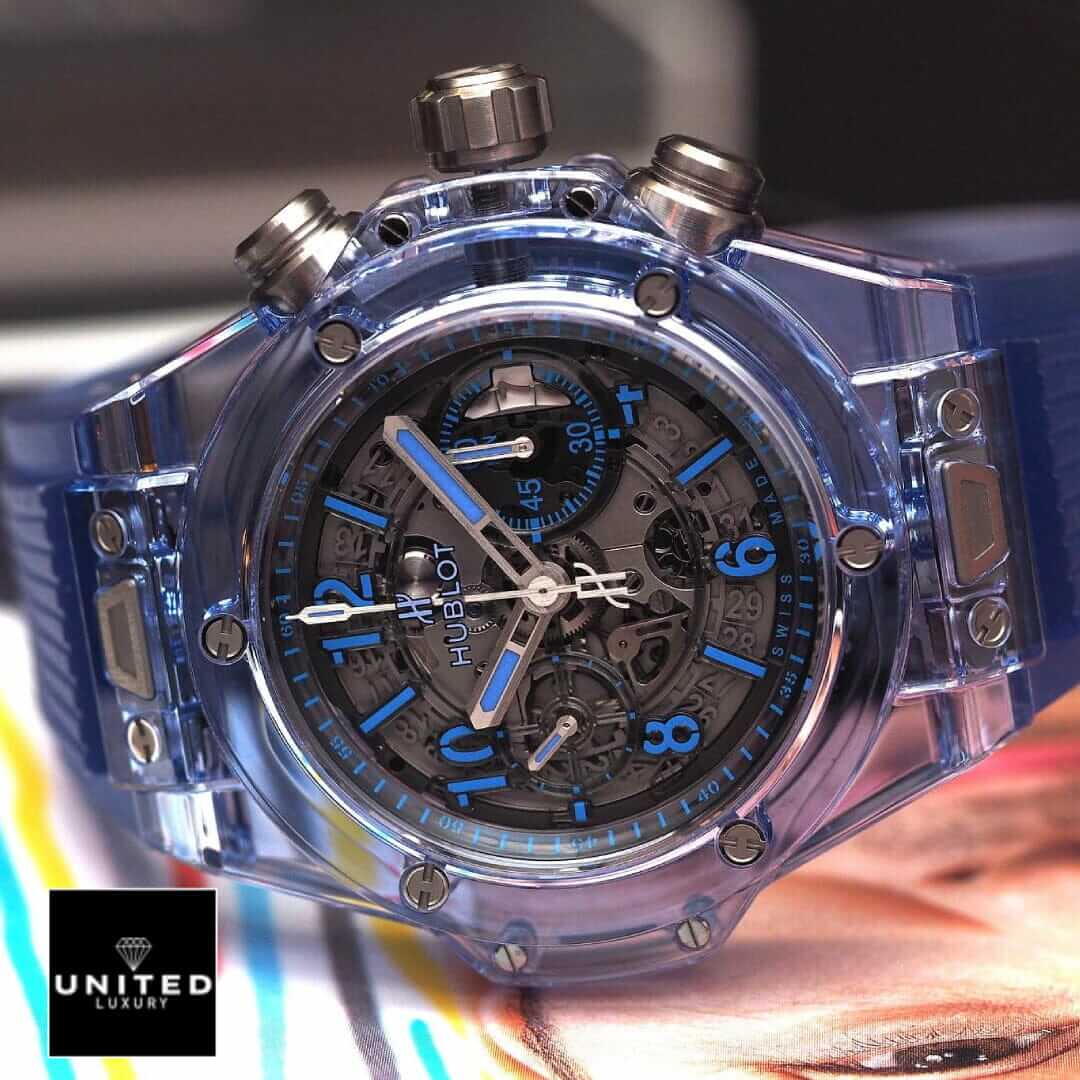 Hublot Big Bang Blue Dial Inspired side view crown / push button