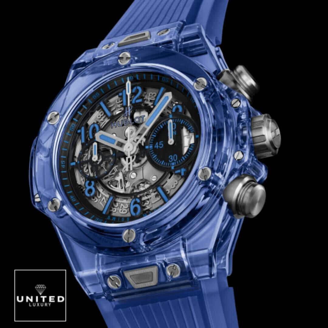 Hublot Big Bang Blue Bezel Blue Rubber Bracelet Inspired black background