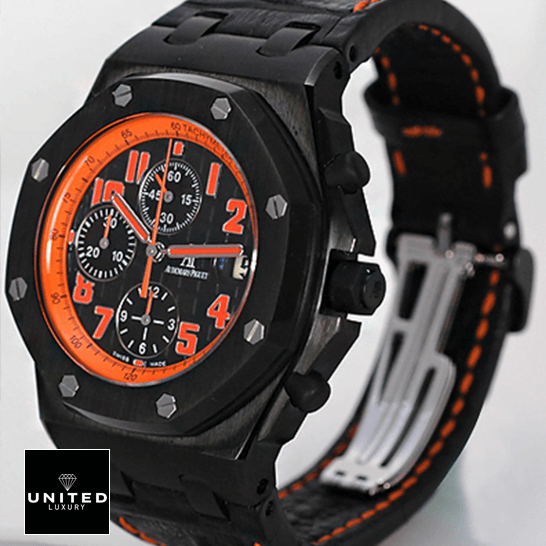 Audemars Piguet Orange Black Dial Black Bezel Inspired side view white background