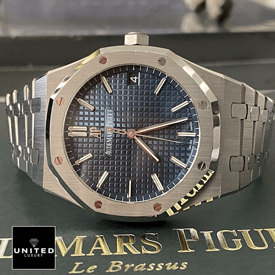 Audemars Piguet Royal Oak Blue Dial Steel Bezel Inspired on the box side view