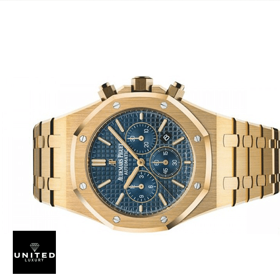 Audemars Piguet Blue Dial Yellow Gold Inspired side view white background