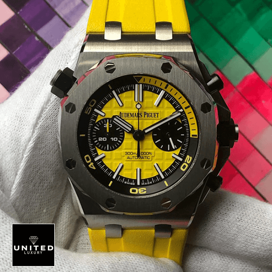 Audemars Piguet Royal Oak Yellow Dial Inspired rainbow background