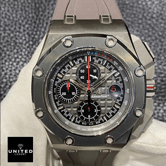 Audemars Piguet Grey Dial Carbon Bezel Inspired front view on the hand