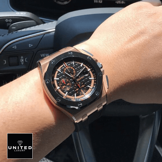 Audemars Piguet Black Bezel Inspired on the steering wheel on a man's wrist