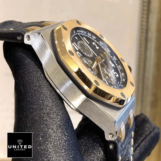 Audemars Piguet Royal Oak Gold Bezel Steel Case Inspired side view on the hand