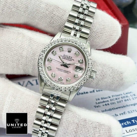 Rolex Datejust Stainless Steel Jubilee Bracelet Pink Diamond Dial Inspired on the hand