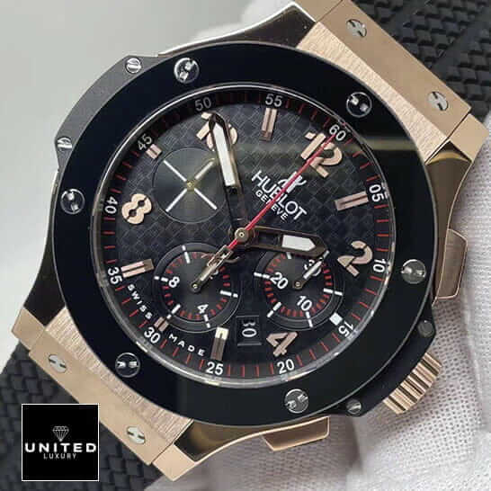 Hublot Big Bang Black Dial Gold Case Inspired red second hand white background