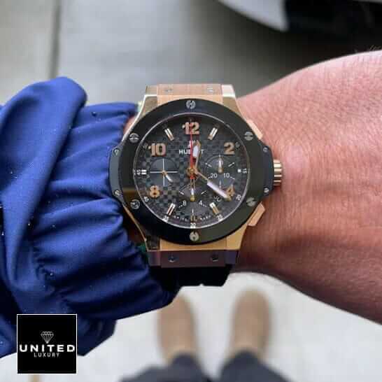 Hublot Big Bang Gold Case Black Bezel Inspired red second hand on the wrist