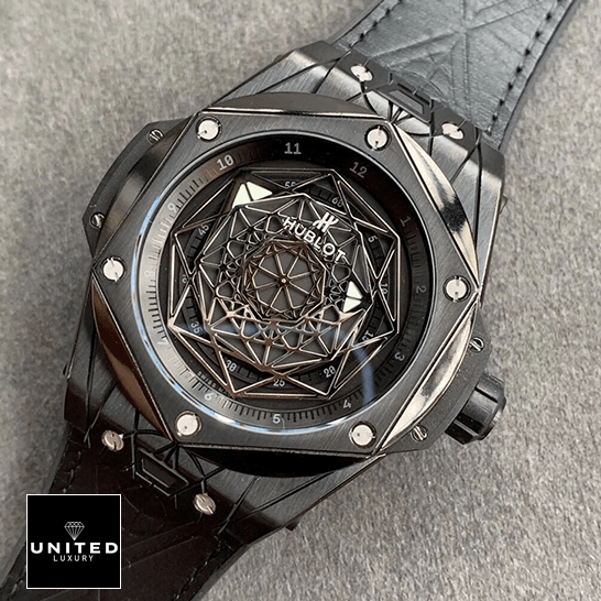 Hublot Big Bang All Black Leather Bracelet Inspired on the grey carpet