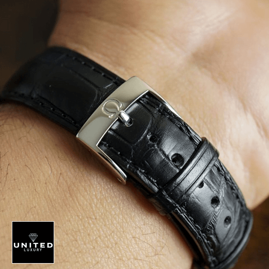 Omega Leather Black Bracelet Steel Clasp Inspired upside view on the wrist