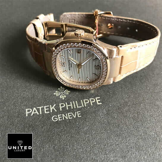 Patek Philippe 7010 Diamond Bezel Leather Bracelet Inspired on the grey carpet