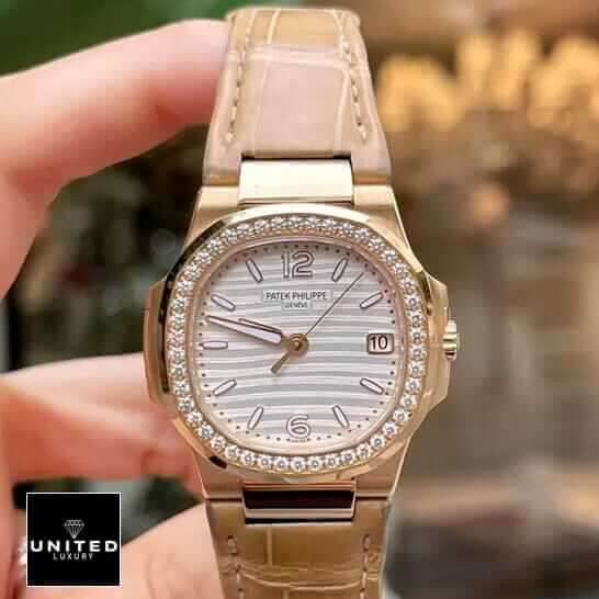 Patek Philippe Nautilus Leather Bracelet Diamond Bezel Inspired on the hand