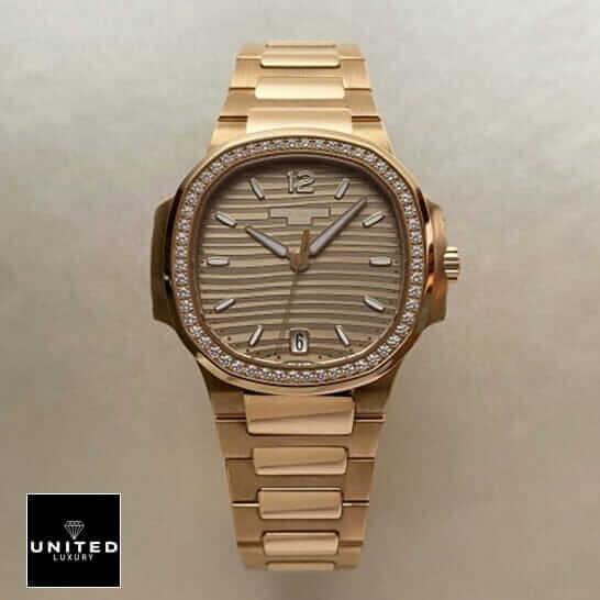 Patel Philippe Geneve Gold Diamond Bezel Inspired front view rose gold background