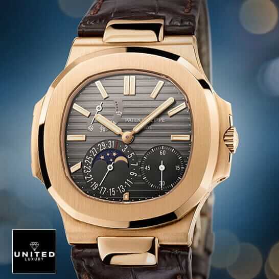 Patek Philippe Nautilus Black Dial Leather Bracelet Inspired blue background