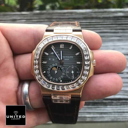 Patek Philippe Black Dial Brown Leather Bracelet Inspired on the man hand