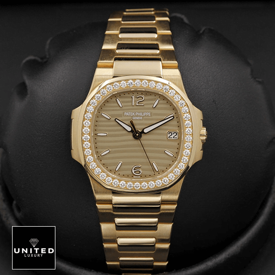 Patek Philippe Nautilus 70101R-012 Diamond Bezel Gold Bracelet Inspired black background