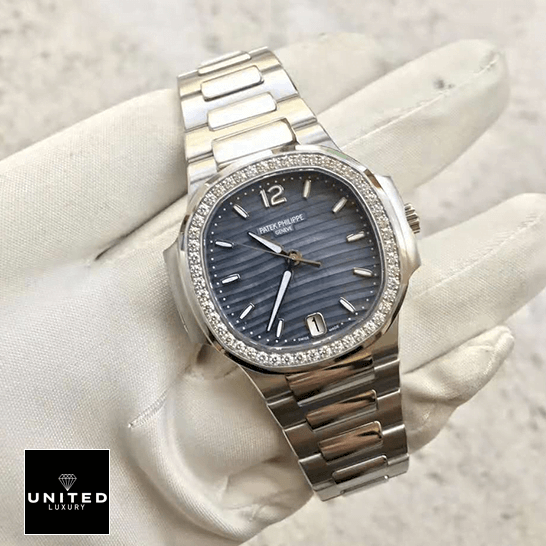 Patek Philippe Diamond Bezel Blue Dial Steel Bracelet Inspired on the white glove hand