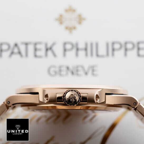 Patek Philippe Nautilus Rose Gold Case Inspired crown on the patek logo