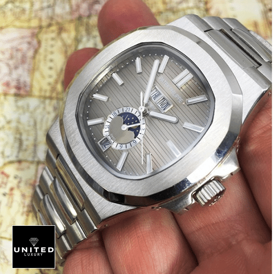 Patek Philippe Natilus Grey Dial Moon Steel Inspired on the hand map background