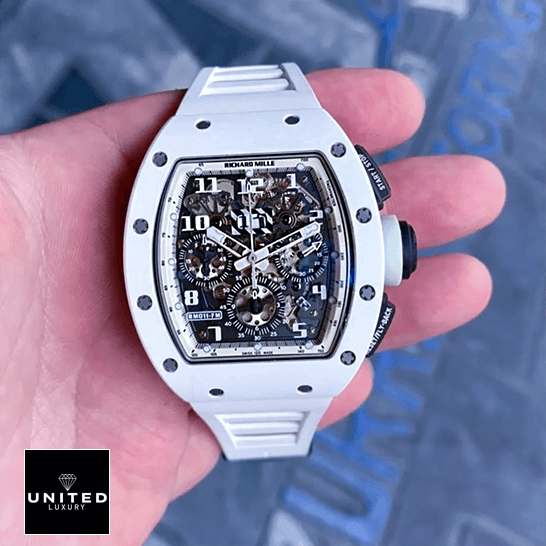 Richard Mille RM011FM White Bezel and Bracelet Inspired front view on the hand