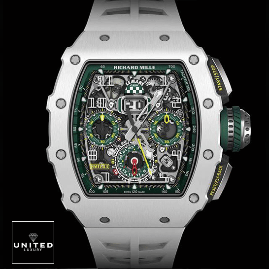 Richard Mille RM1103 Green Dial White Bezel Inspired front view black background