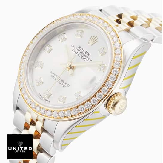 Rolex Datejust White Dial Diamond Bezel Inspired side view and push button