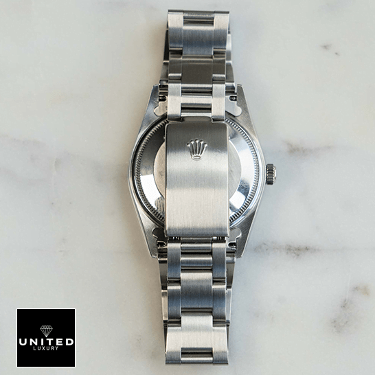 Rolex 14000 Stainless Steel Inspired clasp upside view on the rolex logo