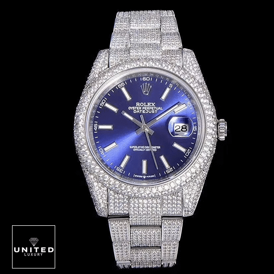 Rolex Datejust White Gold Blue Dial Iced Out 126300 Inspired and black background