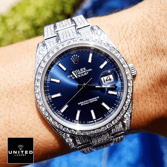 Rolex Datejust 126300 Blue Dial with white Stick Iced Out Inspired on his arm