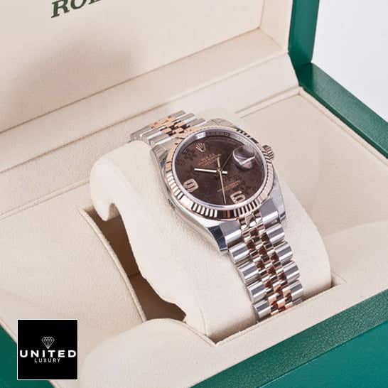 Rolex Datejust 36 Chocolate Floral Dial 116231-0105 Jubilee Inspired in the Green Rolex Box