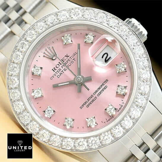 Rolex Datejust Pink Diamond Dial Diamond Bezel Inspired close cyclops view