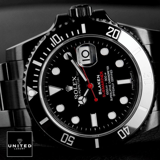 Rolex Blaken Submariner Date Single Red Black Dial Inspired front side view