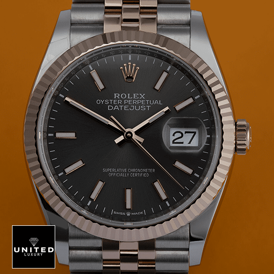 Rolex Datejust 126231 Steel Gold Grey Dial Inspired orange background