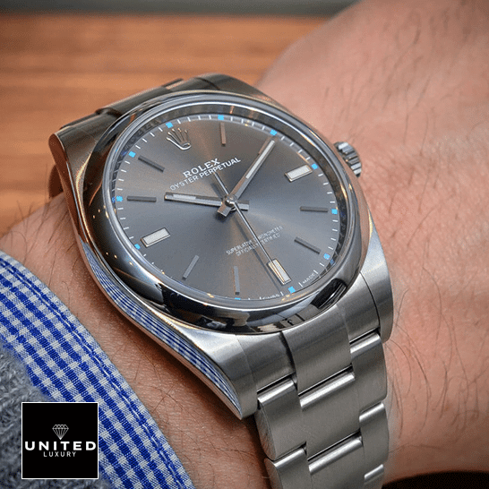 Rolex Datejust Perpetual 114300 dial is a dark rhodium grey Inspired on his arm