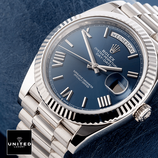 Rolex Day-Date 40 228239 Fluted Bezel Inspired Blue Backround