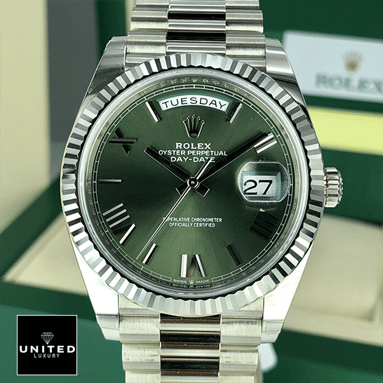 Rolex Day-Date Olive Green 228239 Inspired Rolex Box in front of