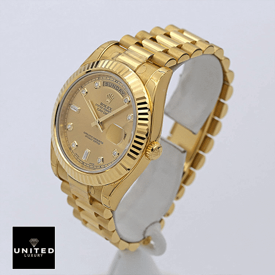 Rolex Day-Date II 218238 Yellow Gold Crown Pusher Inspired Right Side