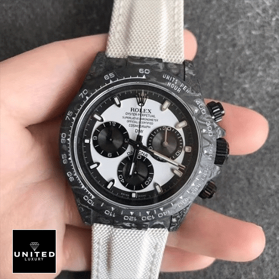 Rolex Daytona Carbon Cream Textile Bracelet Black Bezel Inspired on his hands